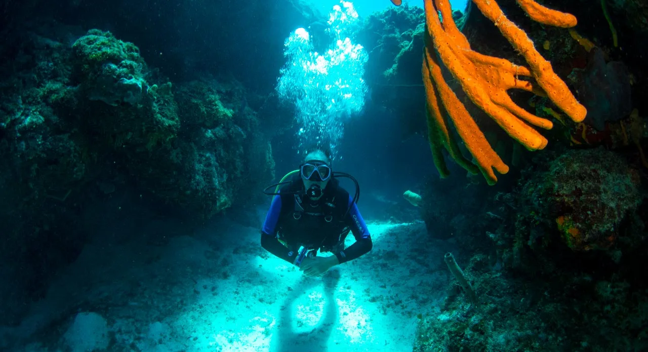 Diver swimming through a sunlit reef canyon with an orange sponge in Cozumel