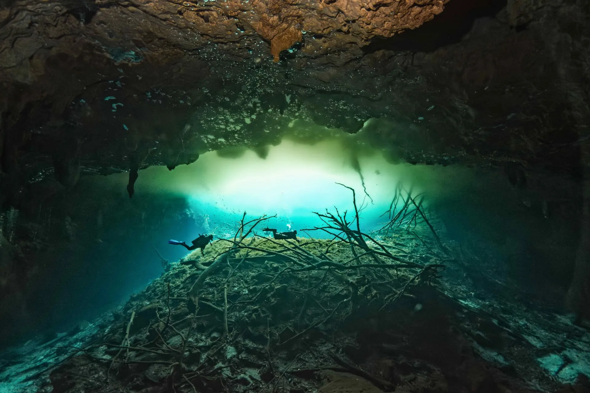 Two divers beneath the bright cavern opening of Carwash cenote.