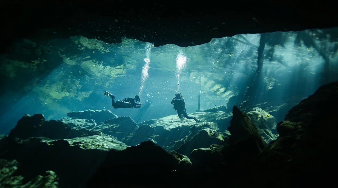 Two divers beneath natural light in the open-water area of a cenote