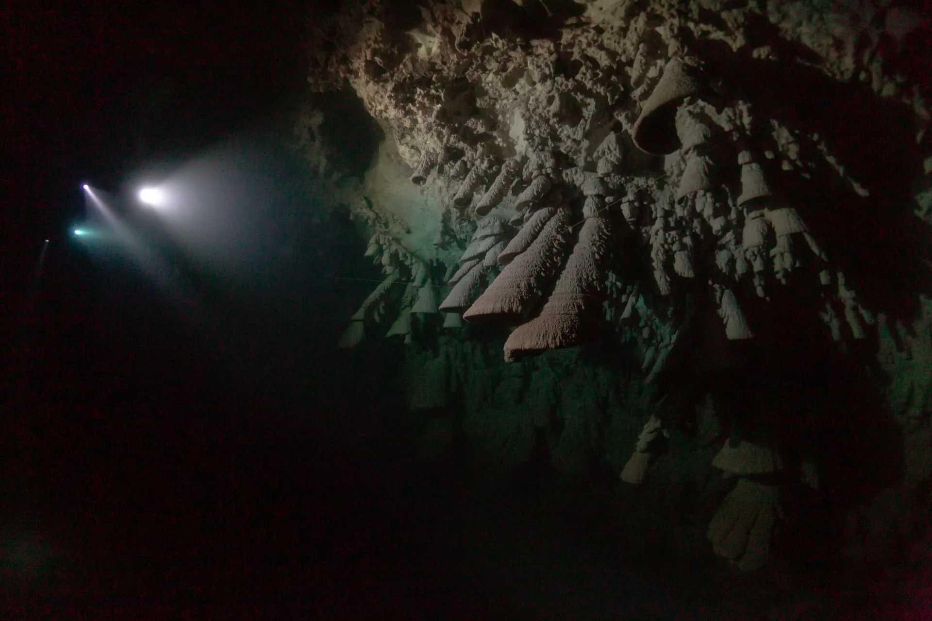 Bell-shaped formations lit by distant dive lights in Cenote Zapote.