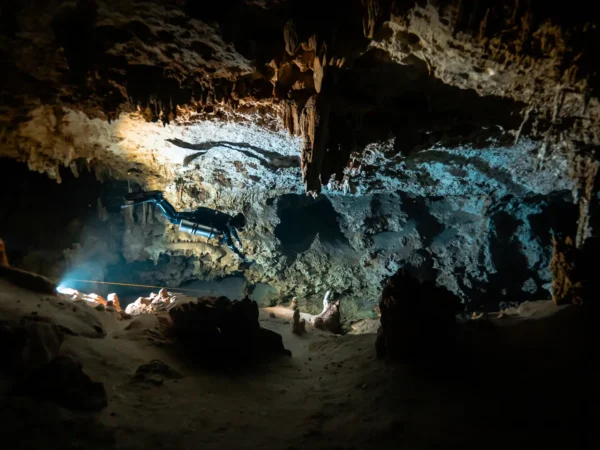 Diver in Bat Cave Dos Ojos with lamp illuminating stalactites.