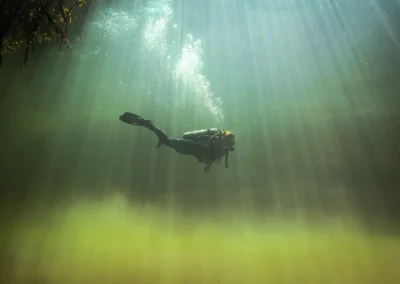 Buzo flotando en Casa Cenote bajo rayos de luz natural – fotografía de Iván García