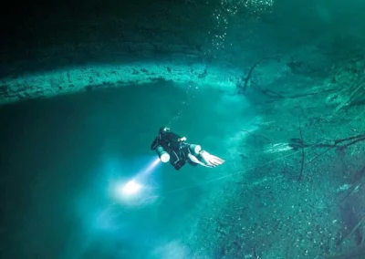 Diver exploring the depths during Orquidea cenote diving, Riviera Maya